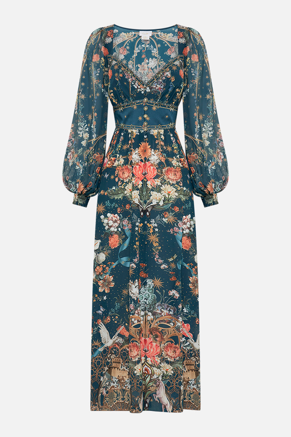 CAMILLA floral silk dress in She Who Wears The Crown print