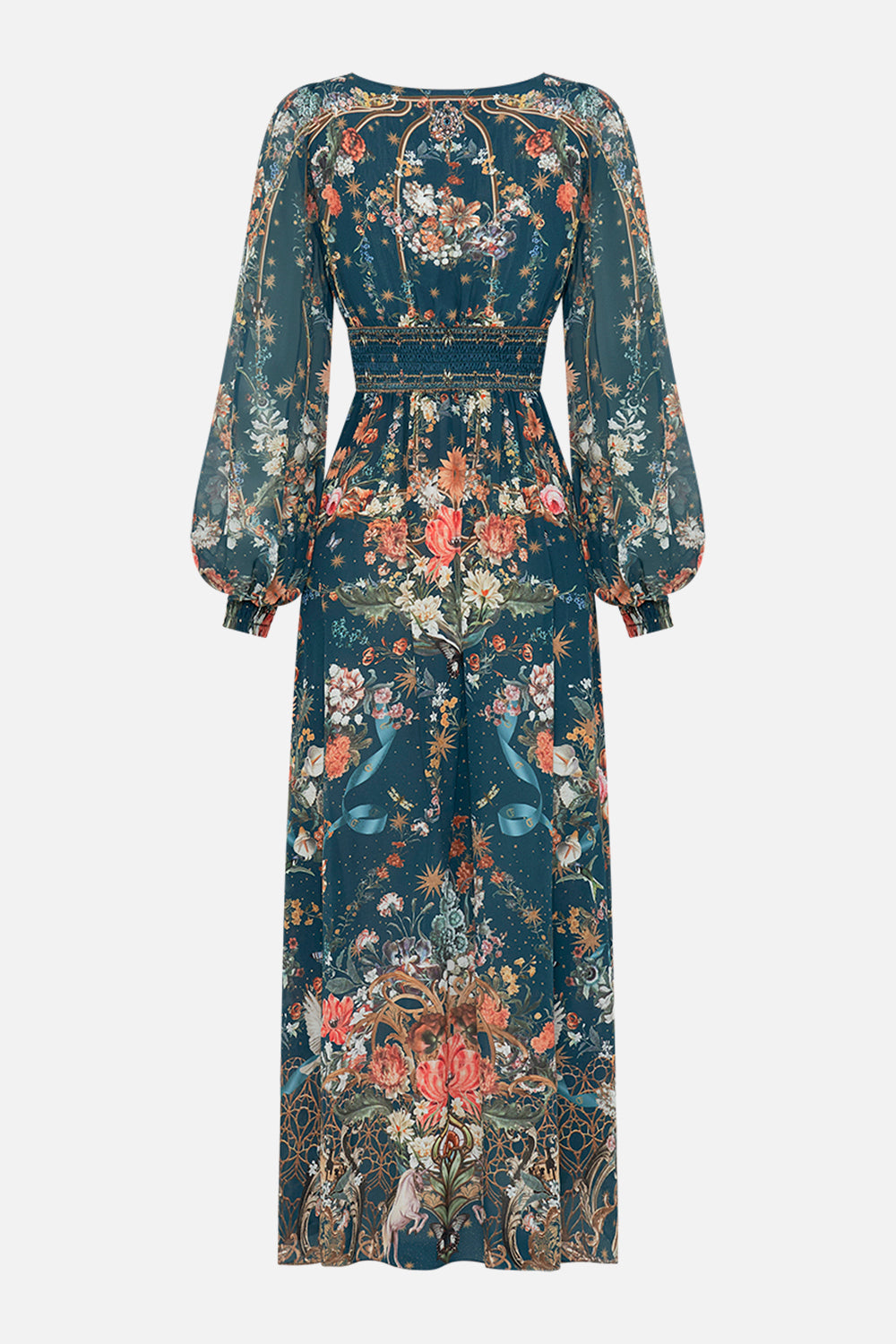 CAMILLA floral silk dress in She Who Wears The Crown print