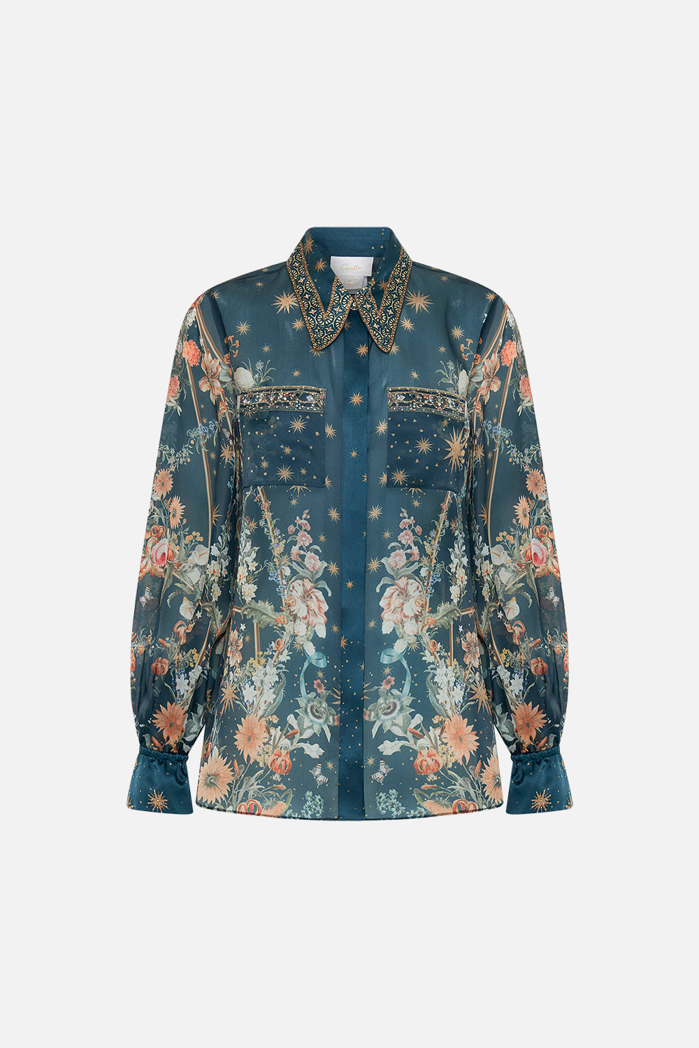 CAMILLA silk blouse in She Who Wears The Crown print