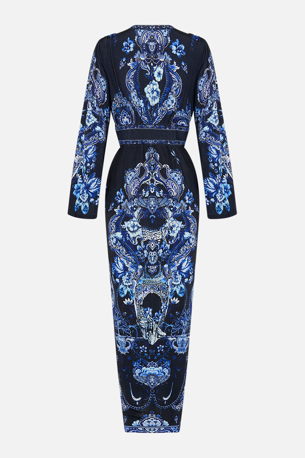 Crop view of model wearing CAMILLA jersey dress in Delft Dynasty print