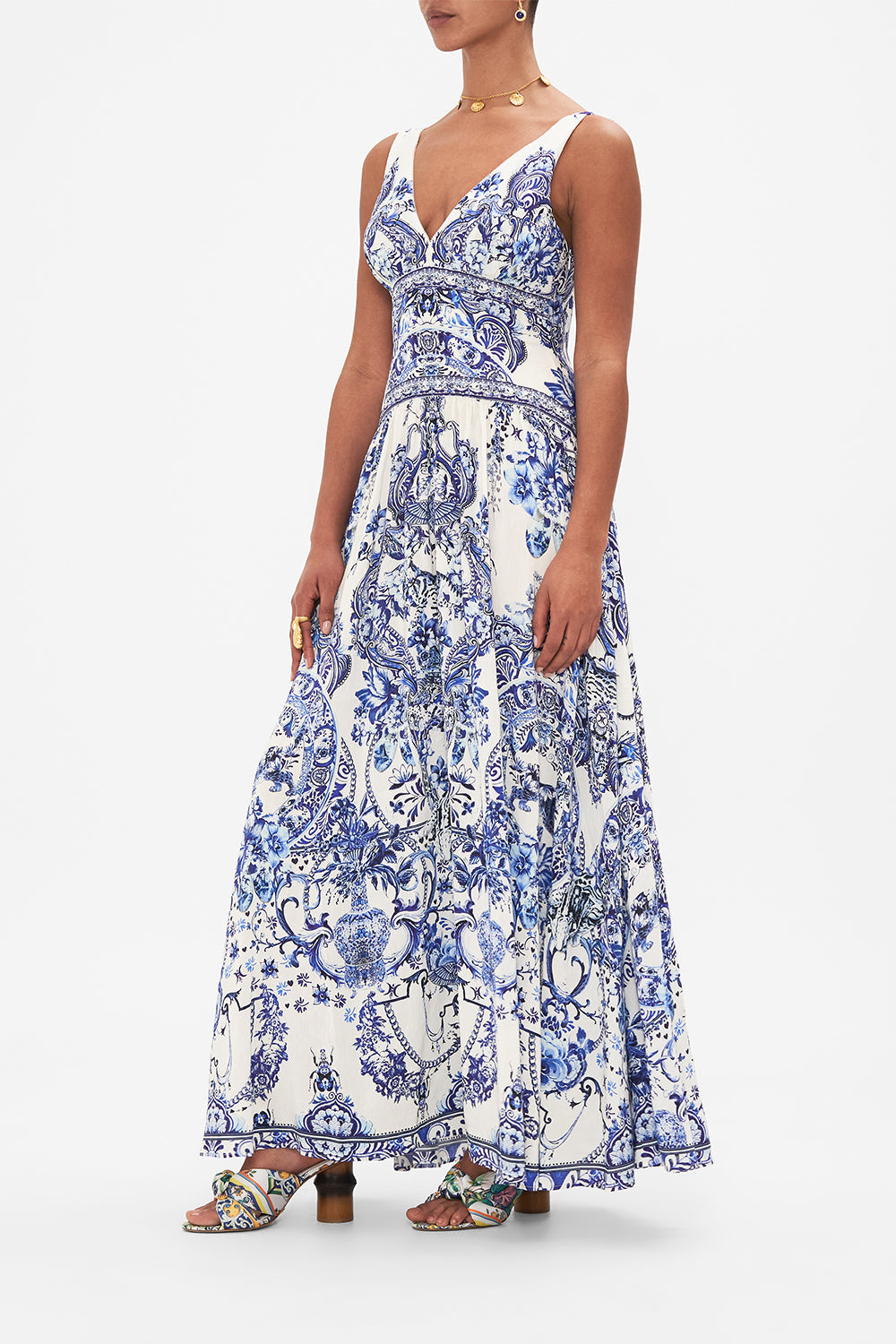 Side view of model wearing CAMILLA maxi dress in Glaze and Graze print