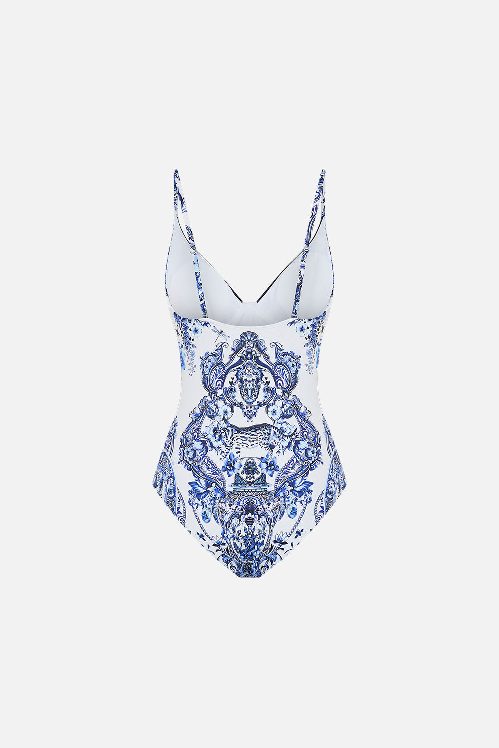 Detail view of model wearing CAMILLA underwire one piece swimsuit in Glaze and Graze print