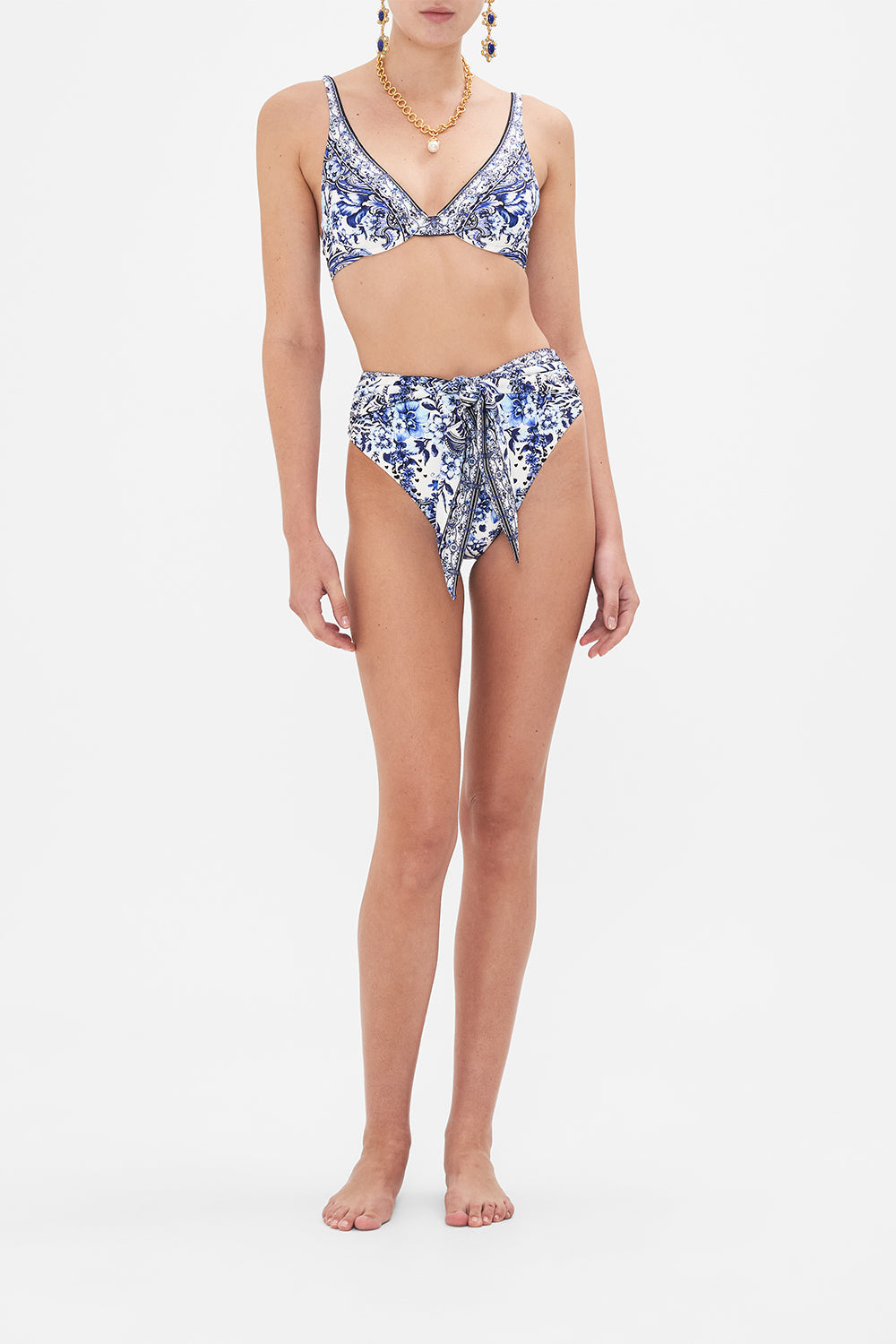 Front view of model wearing CAMILLA high waisted bikini bottoms in G;aze And Graze print