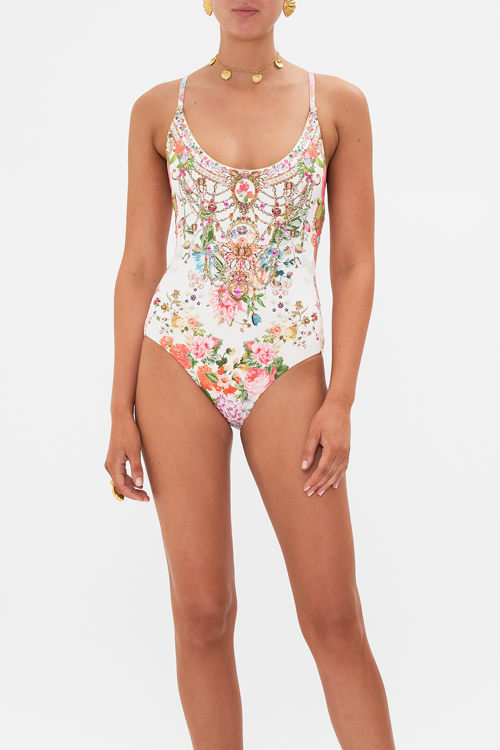 CAMILLA floral scoop neck one piece with buttons in Sew Yesterday