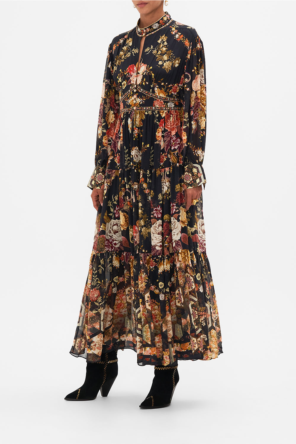 CAMILLA Floral Shaped Waistband Dress with Tiered Skirt in Stitched in Time