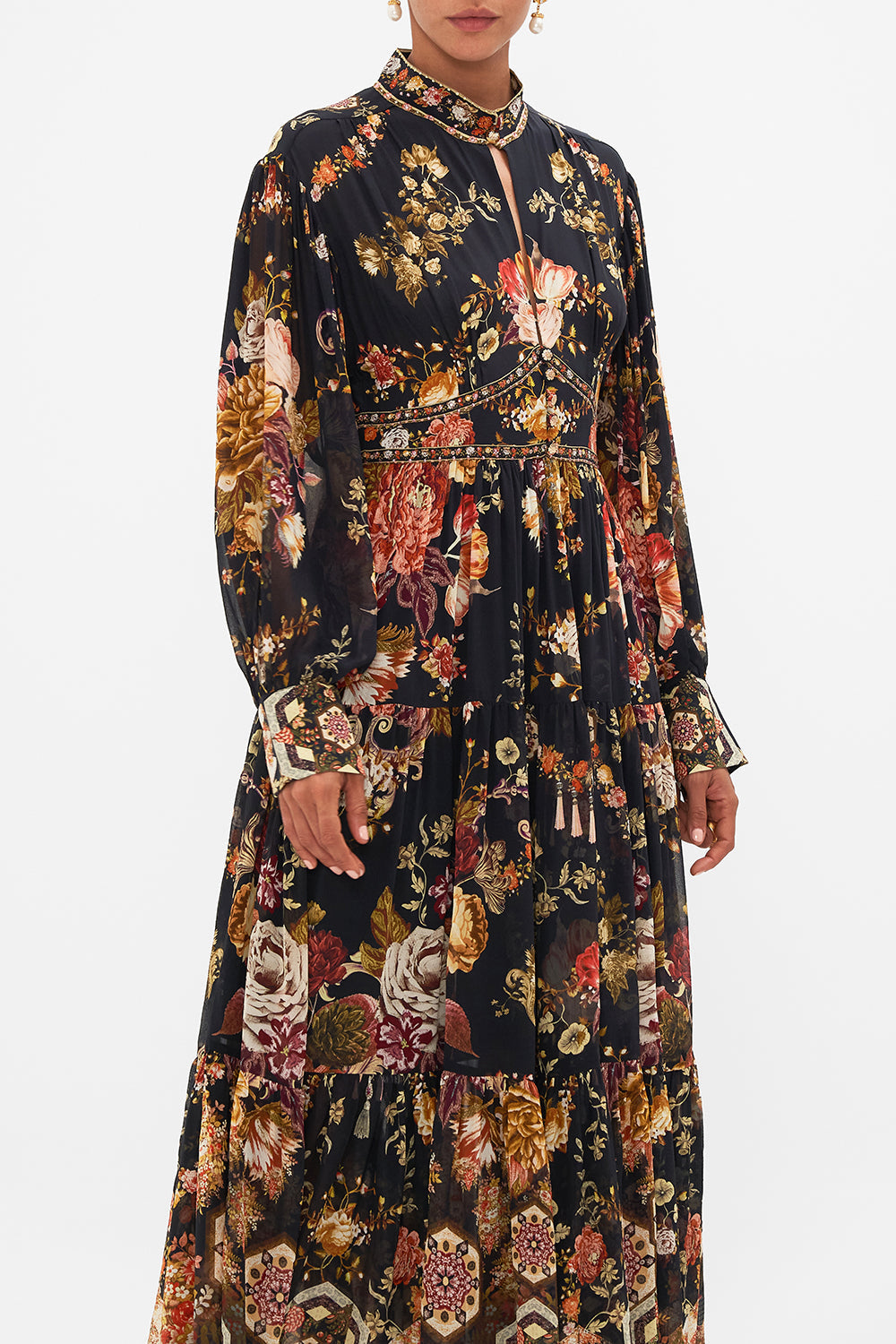CAMILLA Floral Shaped Waistband Dress with Tiered Skirt in Stitched in Time