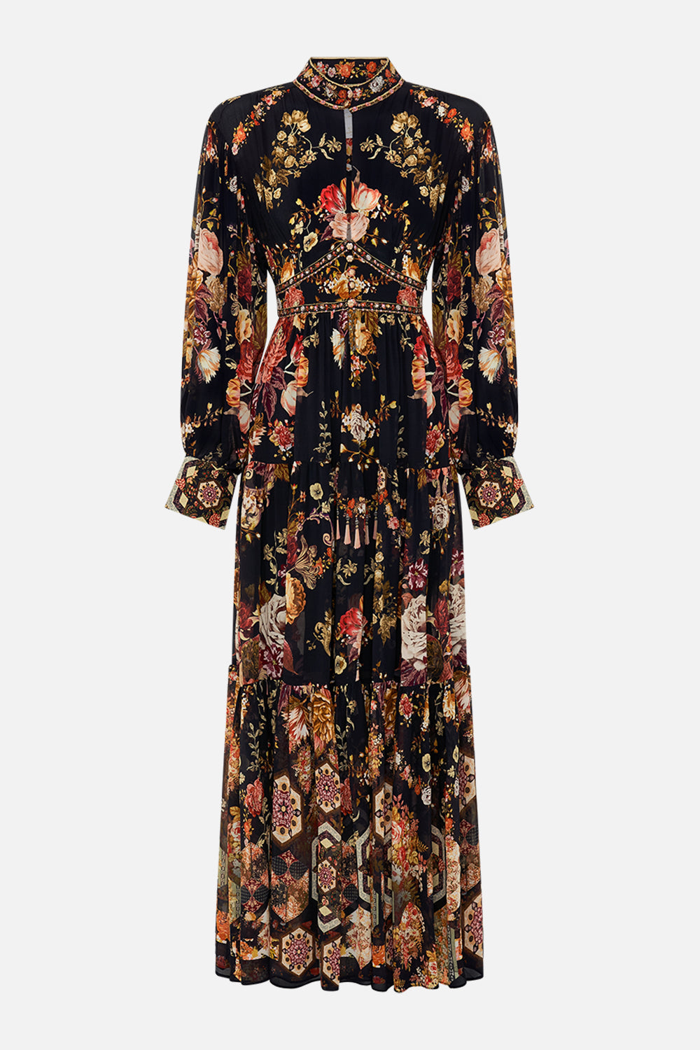 CAMILLA Floral Shaped Waistband Dress with Tiered Skirt in Stitched in Time