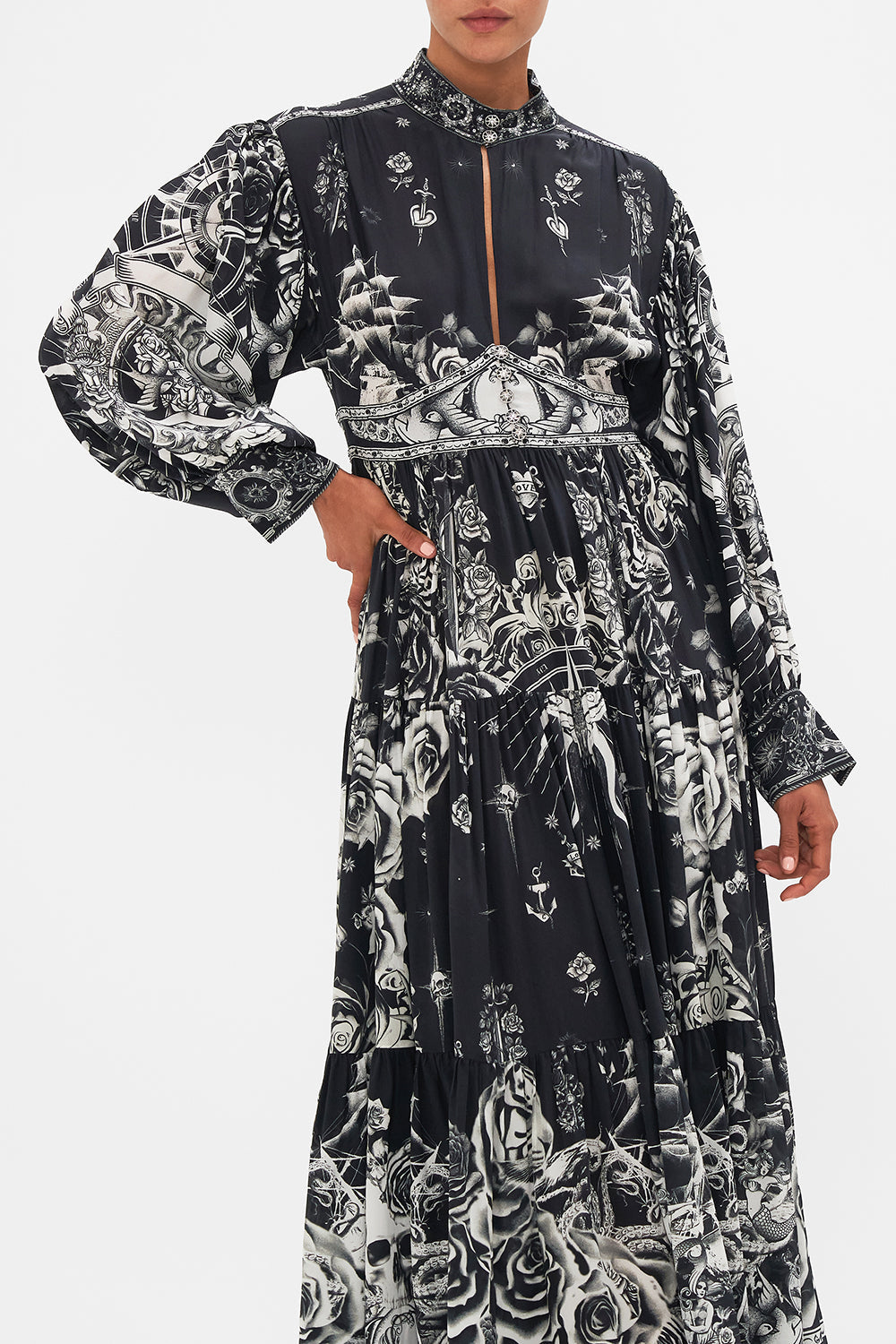 SHAPED WAISTBAND DRESS WITH TIERED SKIRT TALES OF TATTOO