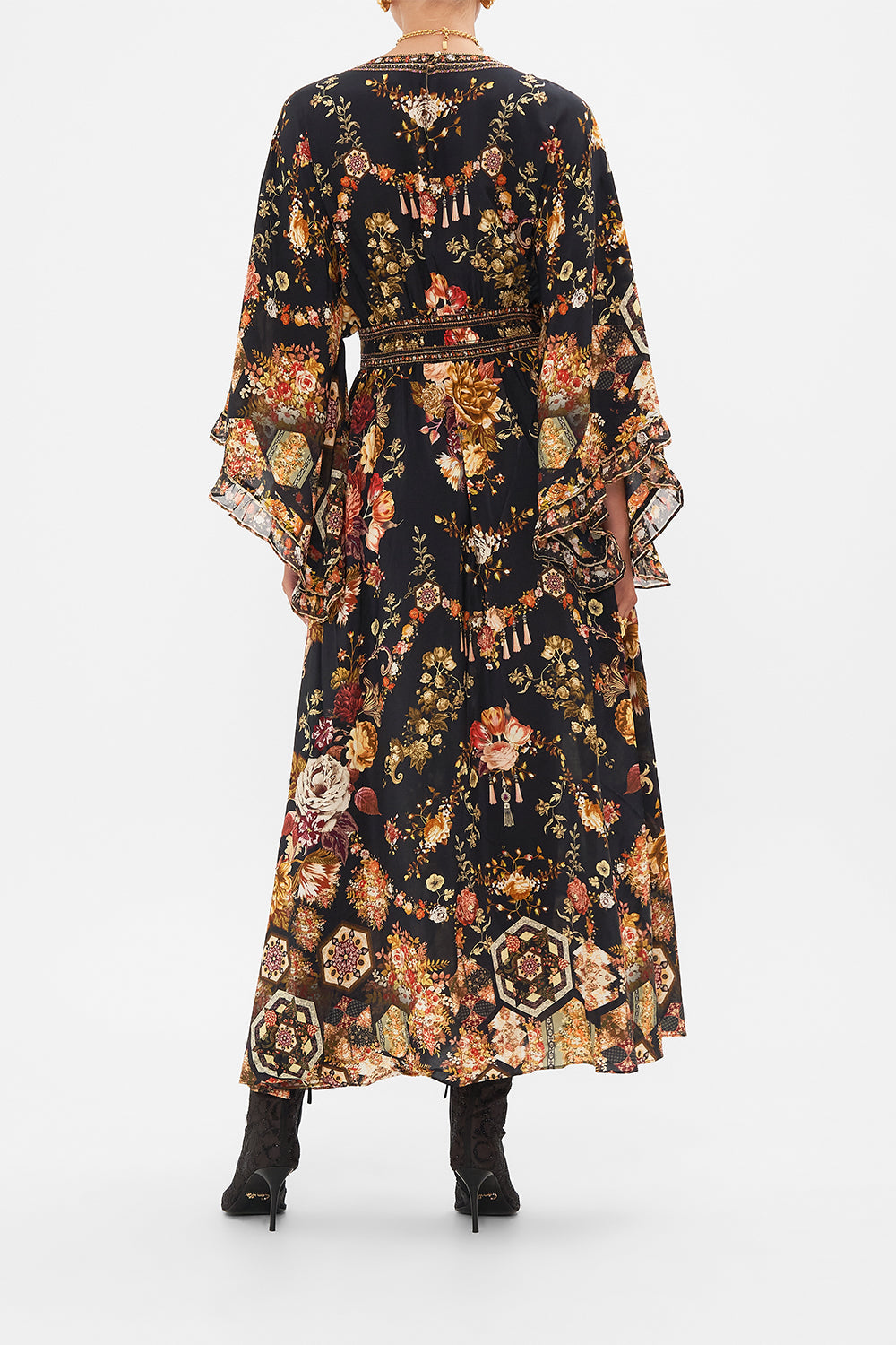 CAMILLA floral waisted dress with kimono sleeve in Stitched In Time print.