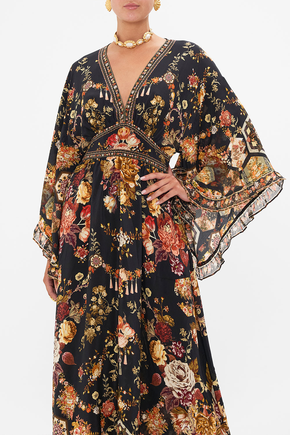 CAMILLA floral waisted dress with kimono sleeve in Stitched In Time print.