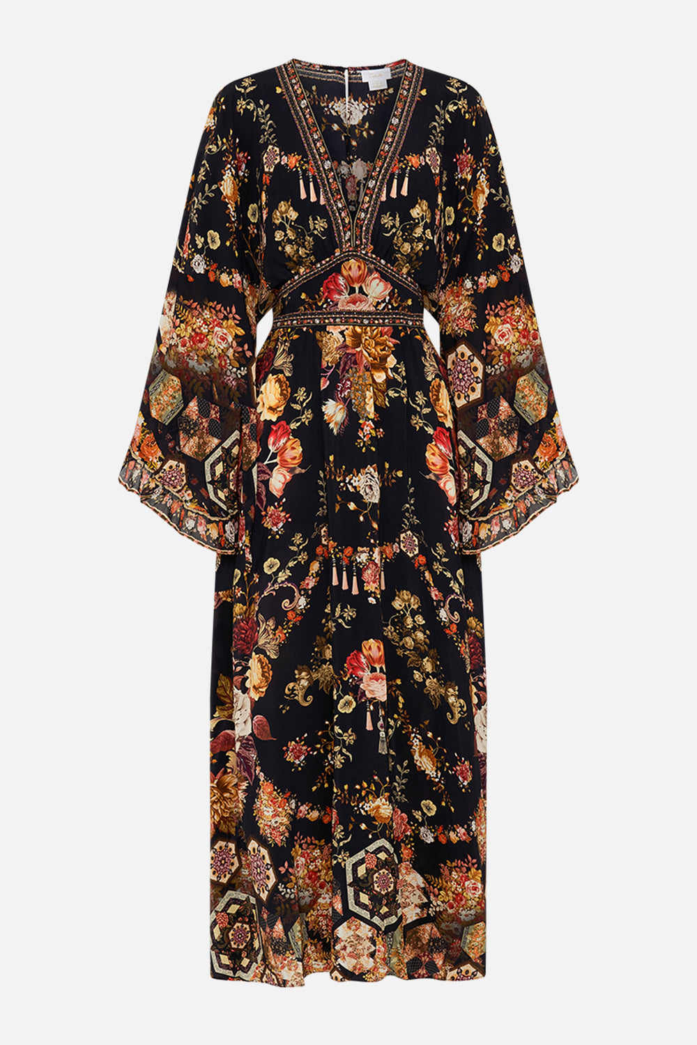 CAMILLA floral waisted dress with kimono sleeve in Stitched In Time print.