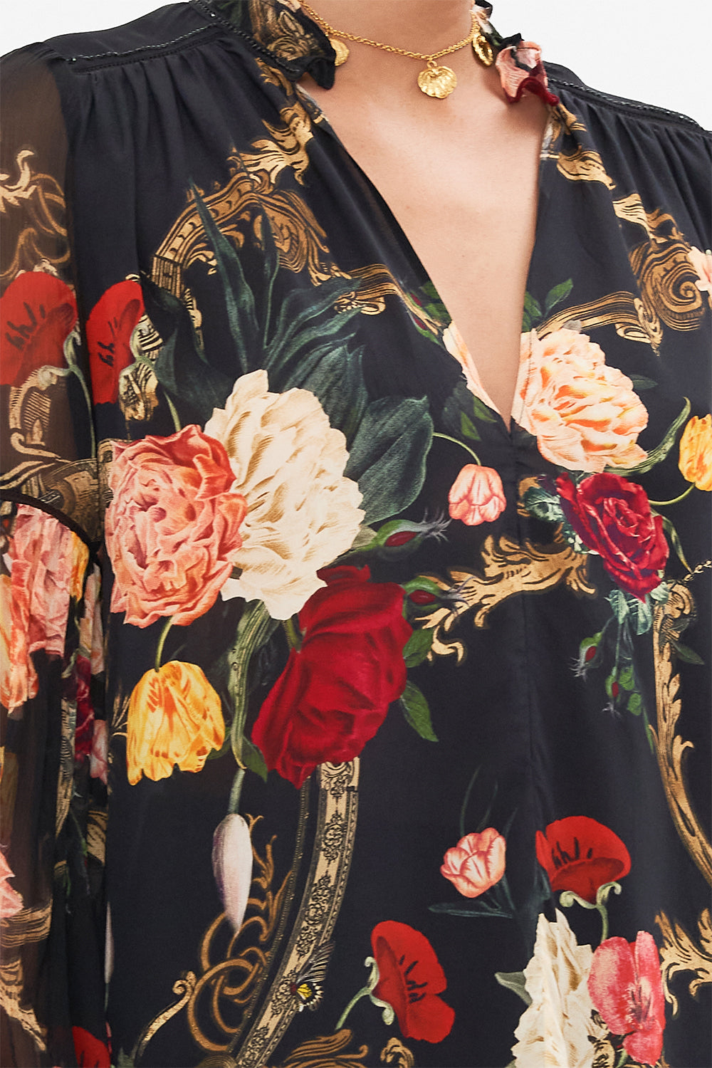 CAMILLA Black Frill Collared Blouse in Magic in the Manuscripts print