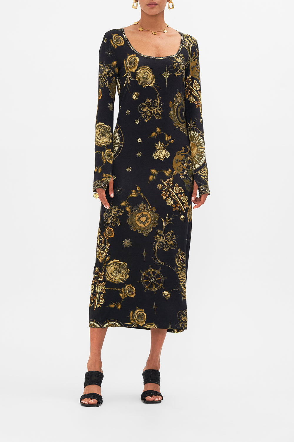 CAMILLA black square neck midi jersey rib dress in So Says The Oracle print.