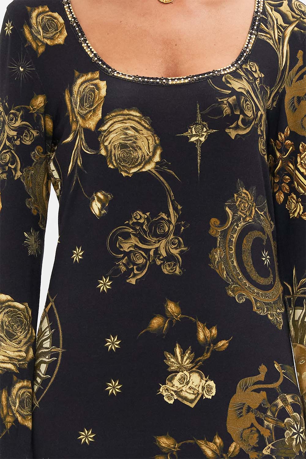 CAMILLA black square neck midi jersey rib dress in So Says The Oracle print.