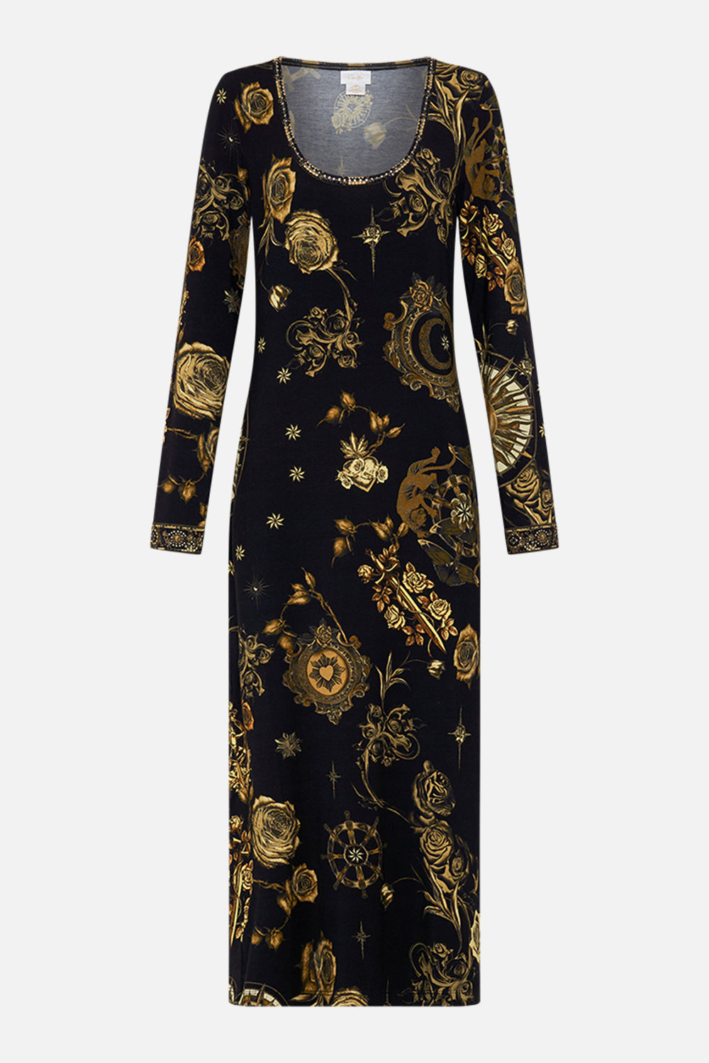 CAMILLA black square neck midi jersey rib dress in So Says The Oracle print.