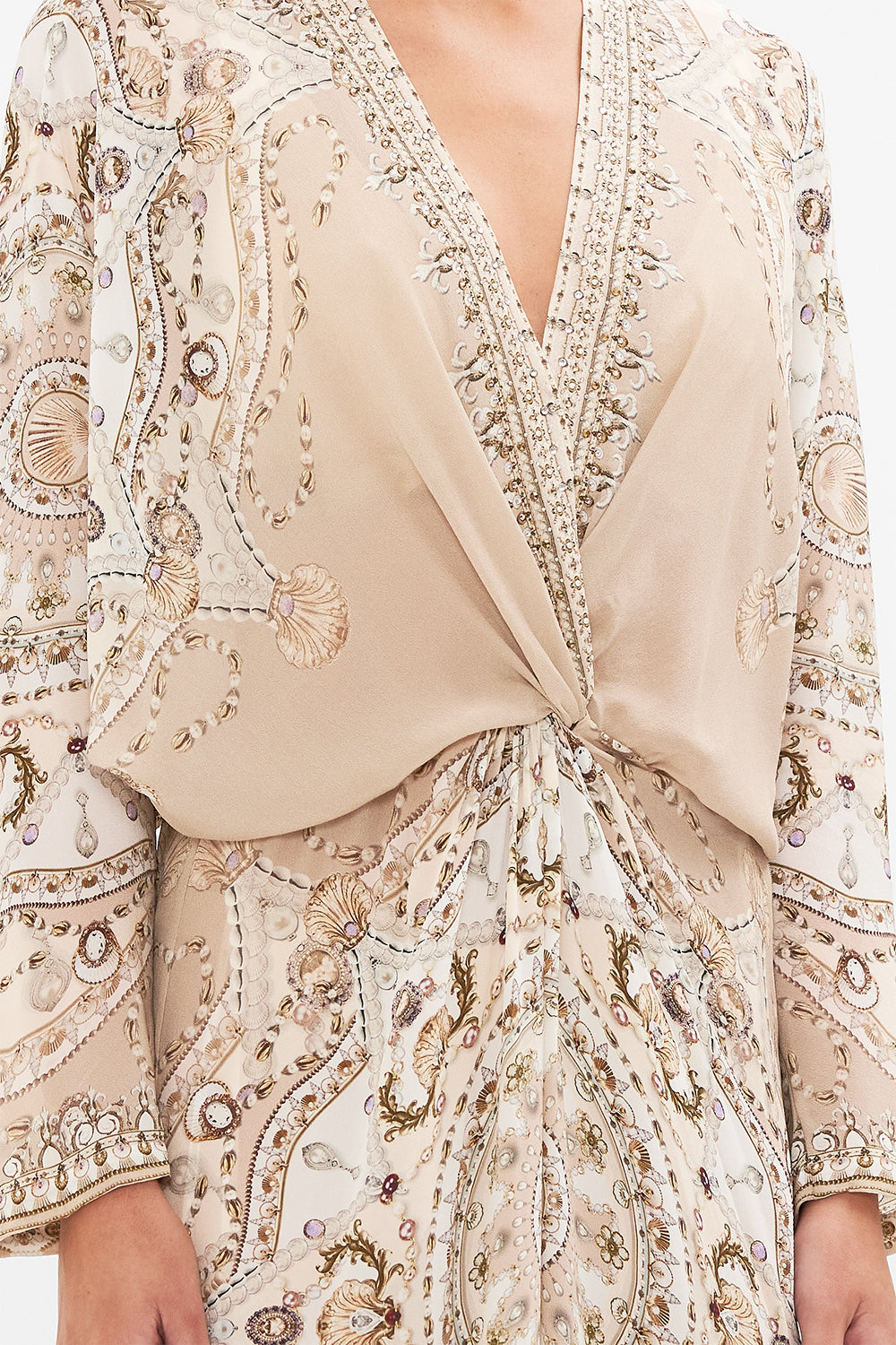 CAMILLA Blush Twist Front Batwing Dress in Grotto Goddess print
