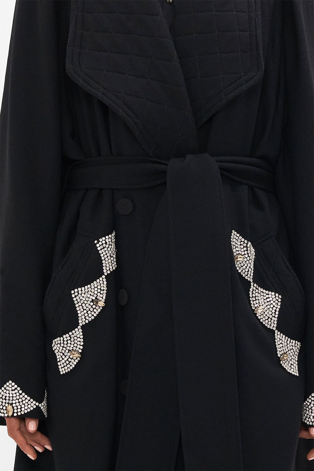 CAMILLA Black Quilted Collar Wool Coat with Vest Detail in Magic in the Manuscripts print