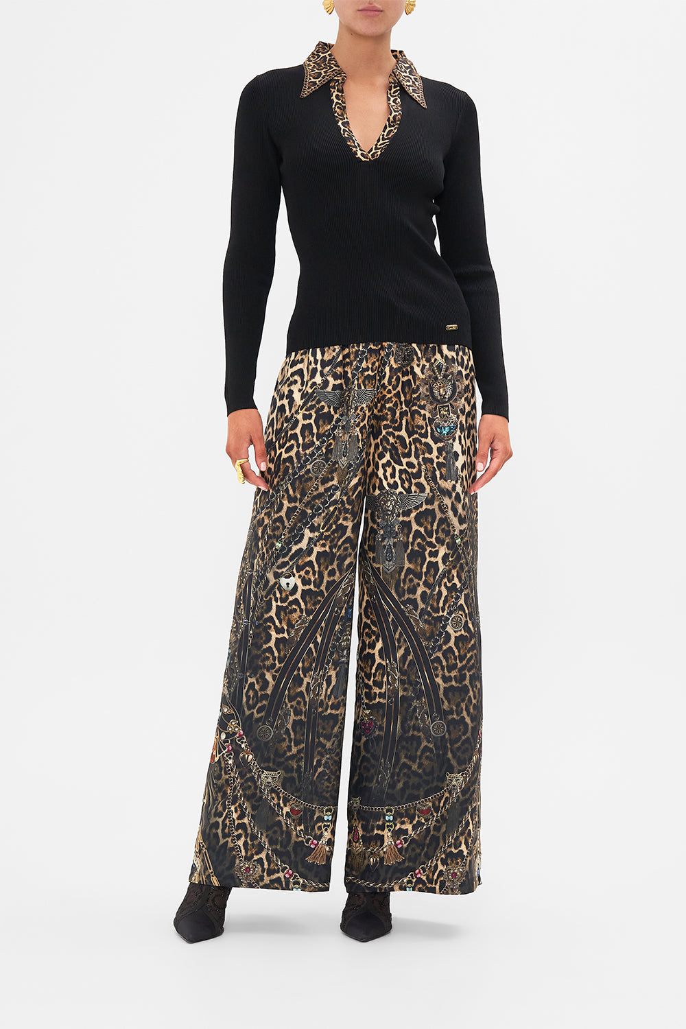 CAMILLA Black Fitted Knit Top with Silk Collar in Amsterglam print