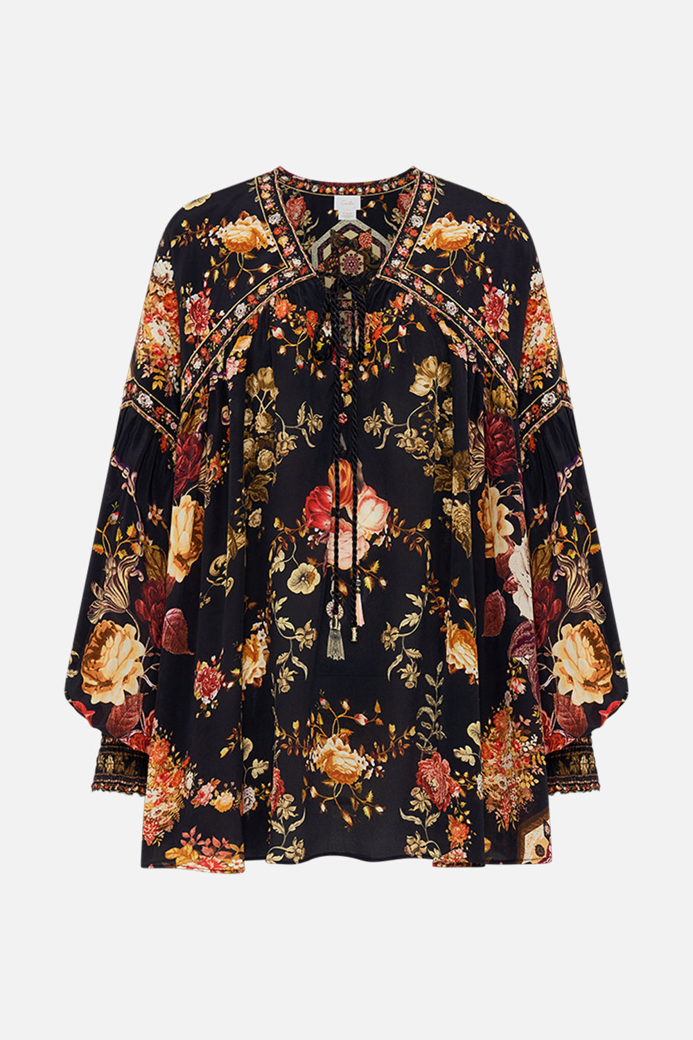 CAMILLA Floral Blouson Blouse with Neck Tie in Stitched in Time print