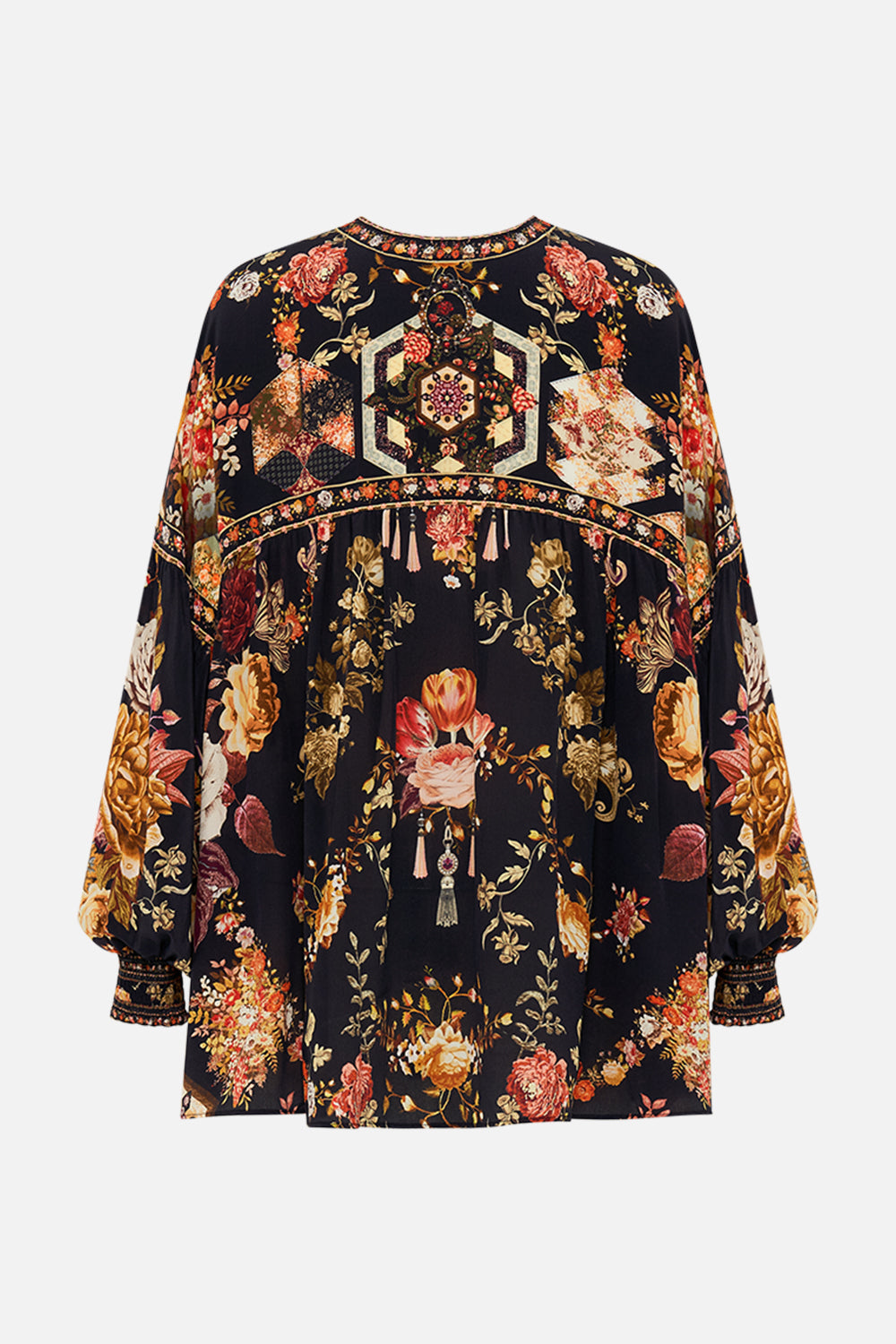 CAMILLA Floral Blouson Blouse with Neck Tie in Stitched in Time print