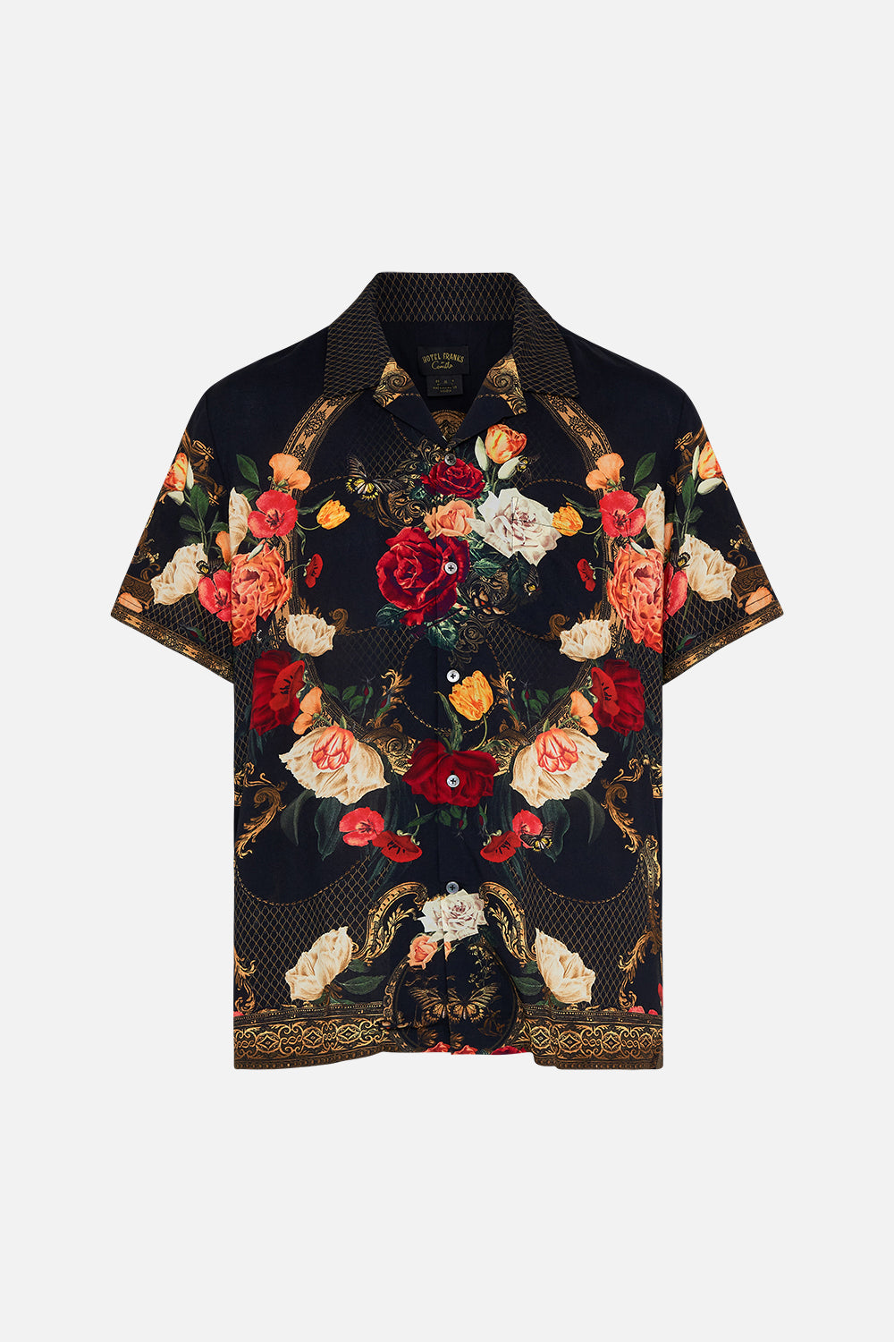 CAMILLA black short sleeve camp collared shirt in Magic in the Manuscripts