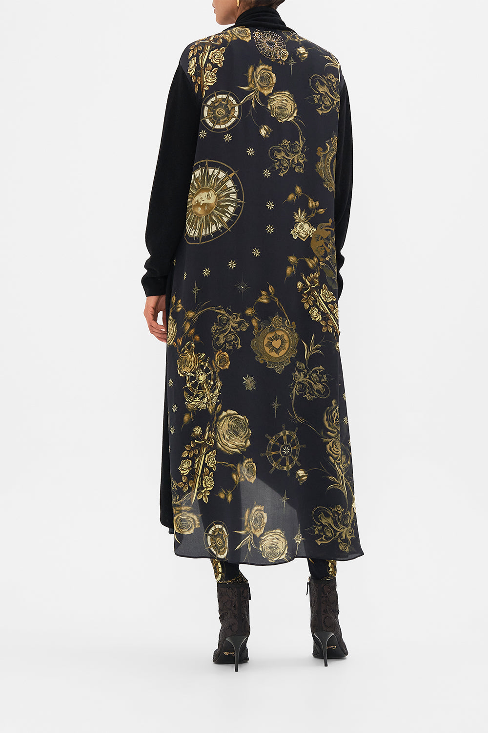 CAMILLA black knitted casual jacket with silk back in So Says The Oracle print.