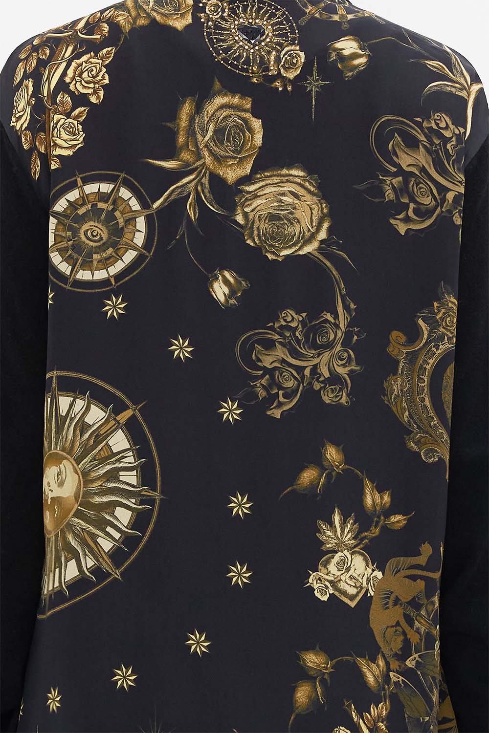 CAMILLA black knitted casual jacket with silk back in So Says The Oracle print.