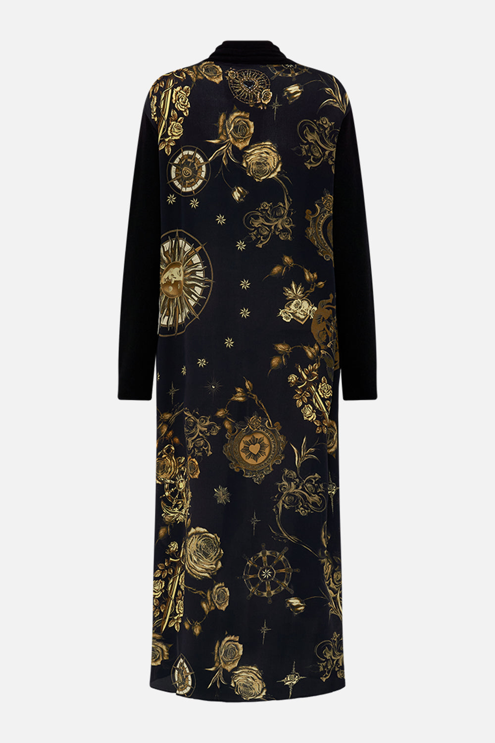 CAMILLA black knitted casual jacket with silk back in So Says The Oracle print.