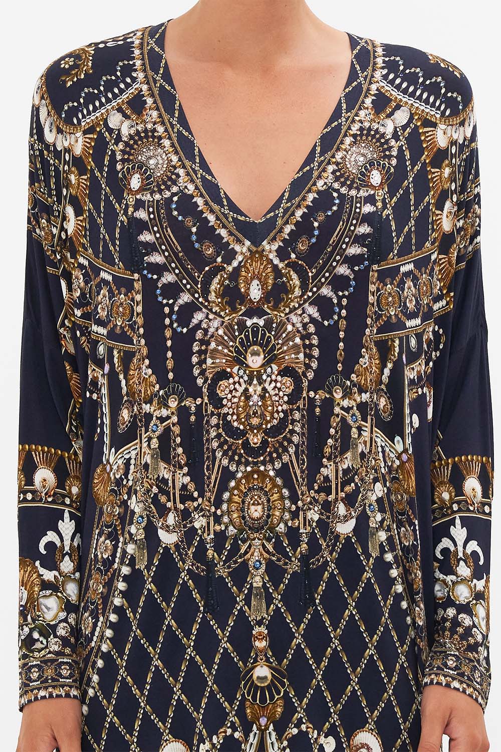 CAMILLA black/gold side split tee in Dance With The Duke print.