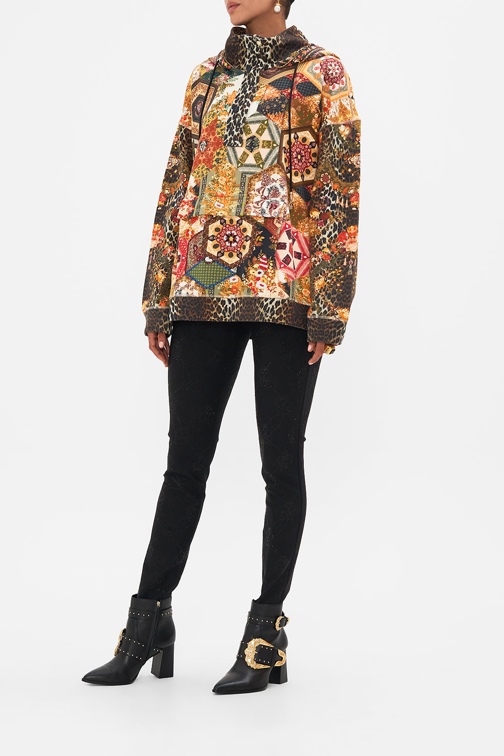 CAMILLA floral half-zip hoodie with pocket flap in Stitched In Time print.