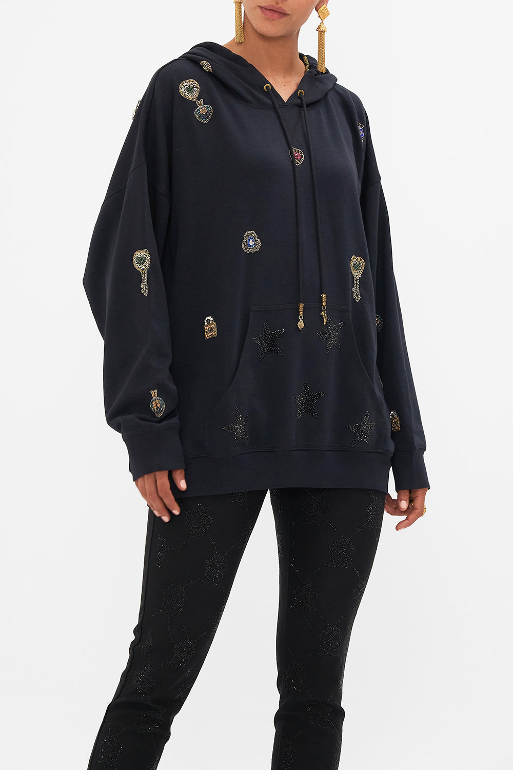 CAMILLA black oversized embellished boyfriend hoodie in Amsterglam print.
