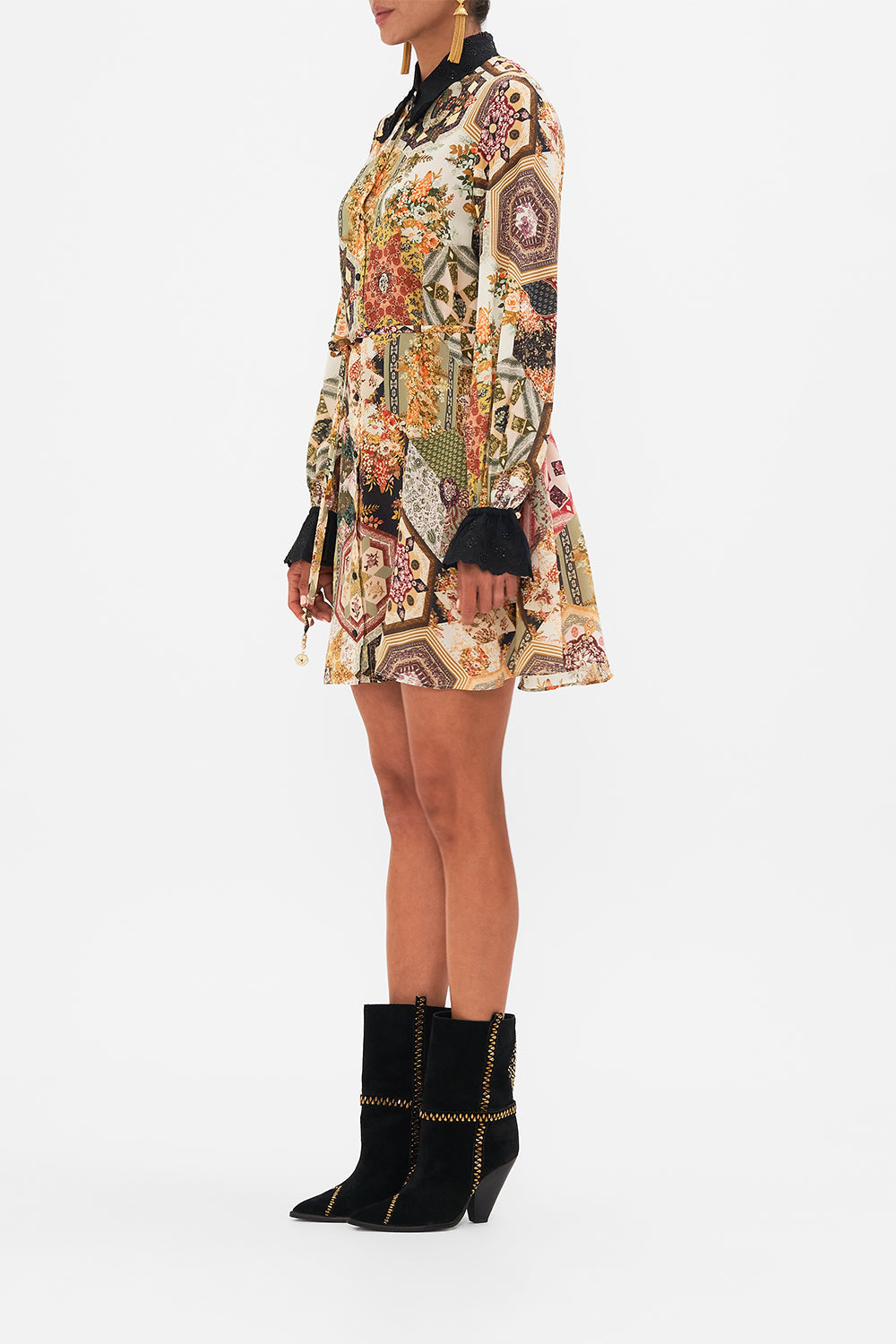 CAMILLA floral shift shirt dress with broderie detail in Stitched in Time print