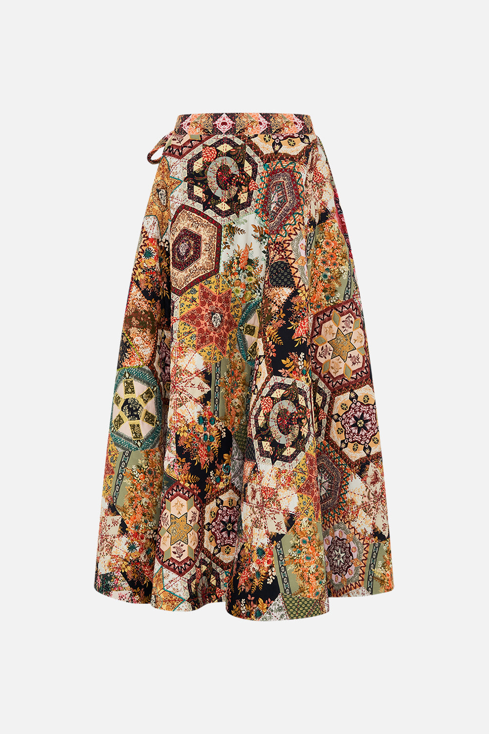 CAMILLA Black Reversible Embroidered Quilted Wrap Skirt in Stitched in Time print