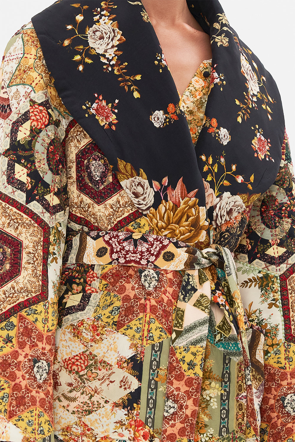 CAMILLA Black Quilted Long Wrap Coat in Stitched in Time print