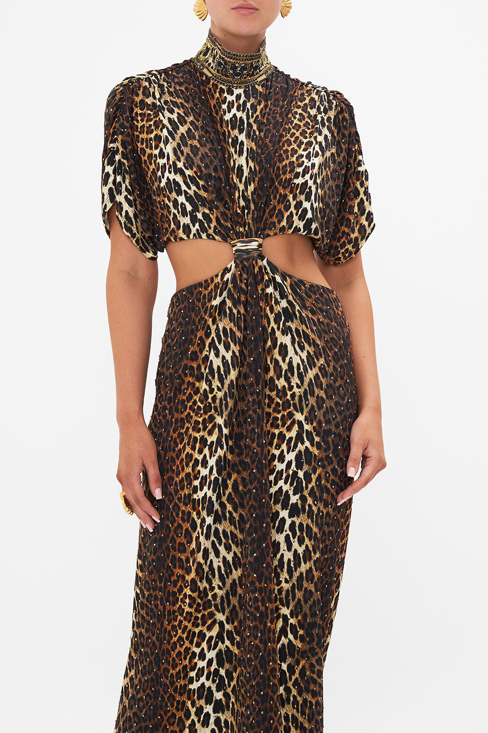 CAMILLA leopard high neck twist cut out jersey dress In Amsterglam print.