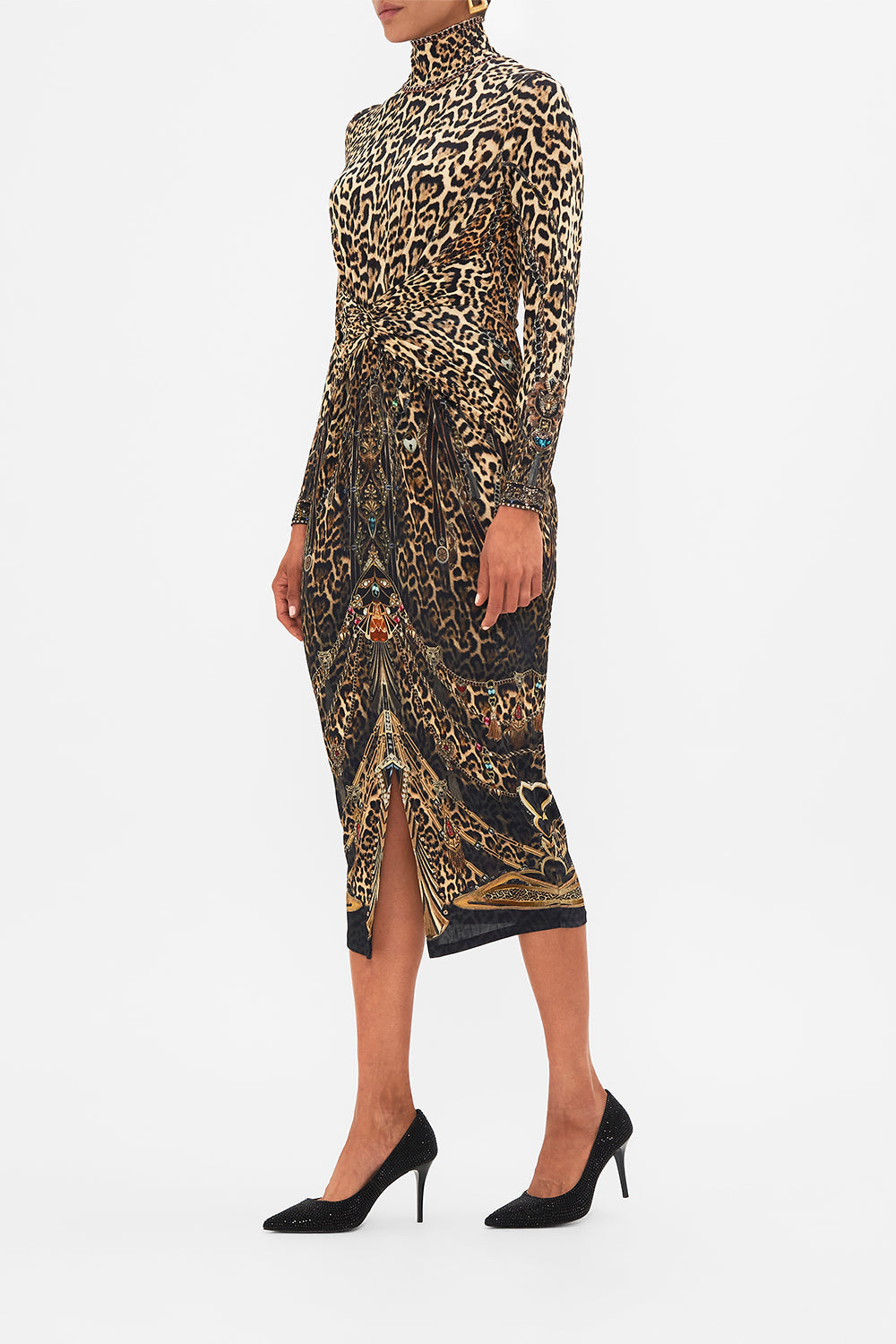CAMILLA leopard turtle neck midi gathered jersey dress in Amsterglam print.