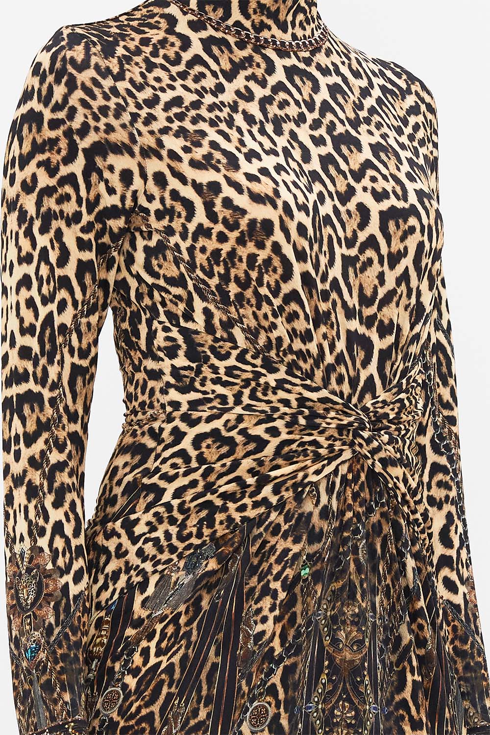 CAMILLA leopard turtle neck midi gathered jersey dress in Amsterglam print.