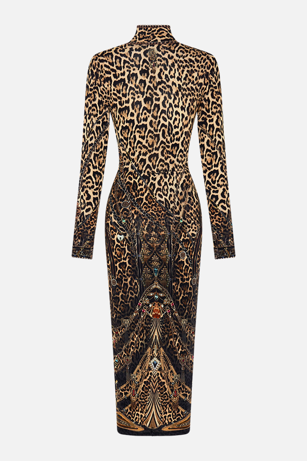 CAMILLA leopard turtle neck midi gathered jersey dress in Amsterglam print.