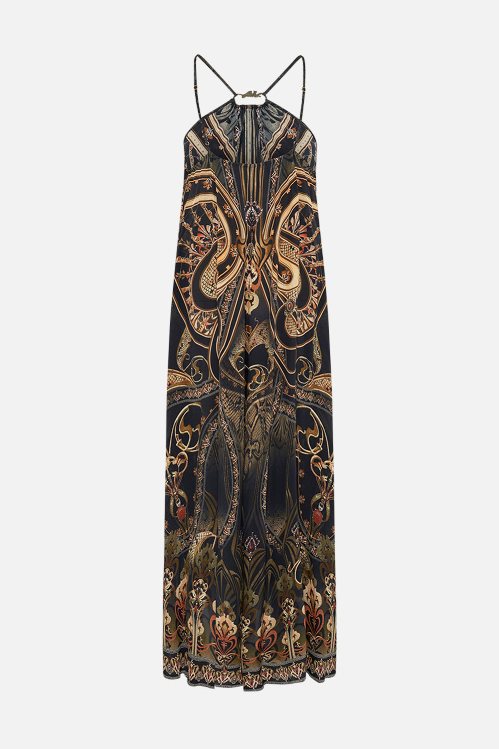 CAMILLA silk maxi dress in Nouveau Noir print