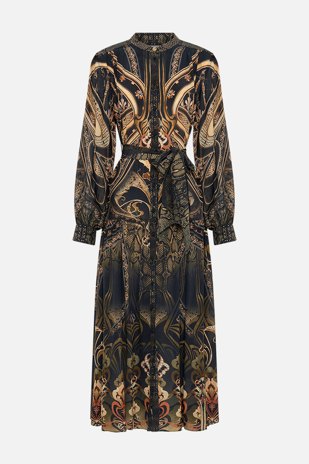 CAMILLA silk button through dress in Nouveau Noir print