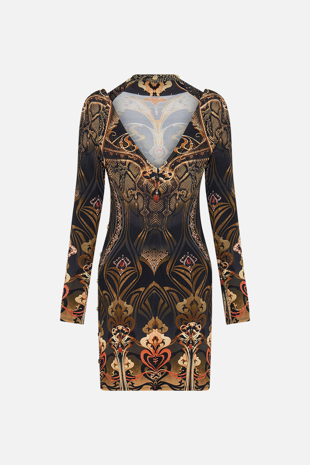 CAMILLA cut out mini dress in Nouveau Noir print