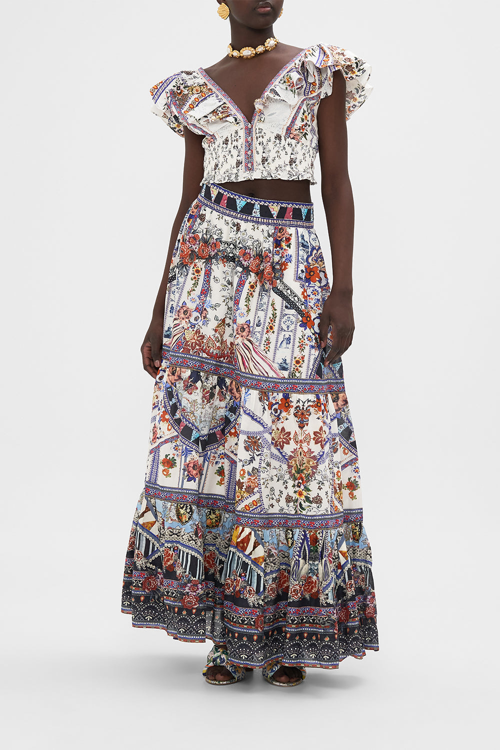 CAMILLA tiered skirt in My Folk Art Heart print