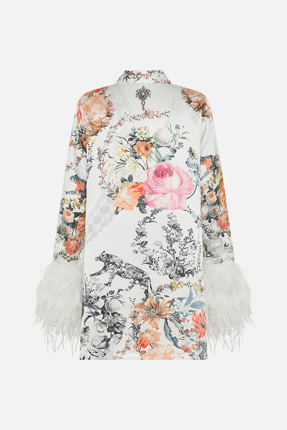 CAMILLA white mini dress with feathers in De Haar Memoirs print