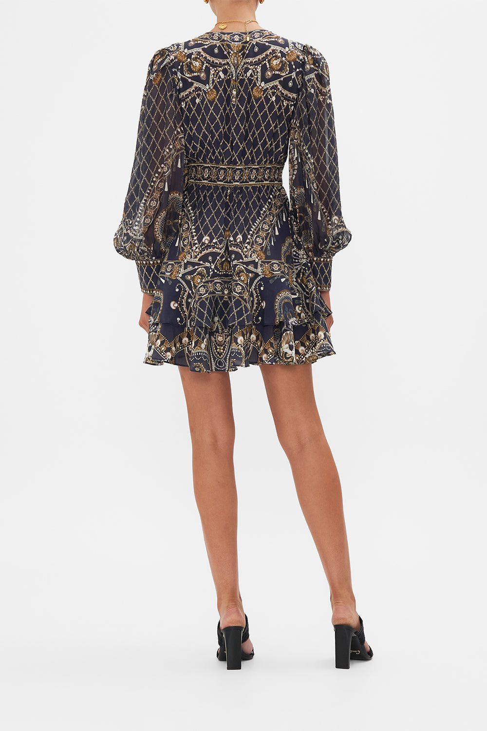 CAMILLA black button frill dress in Dance With The Duke print