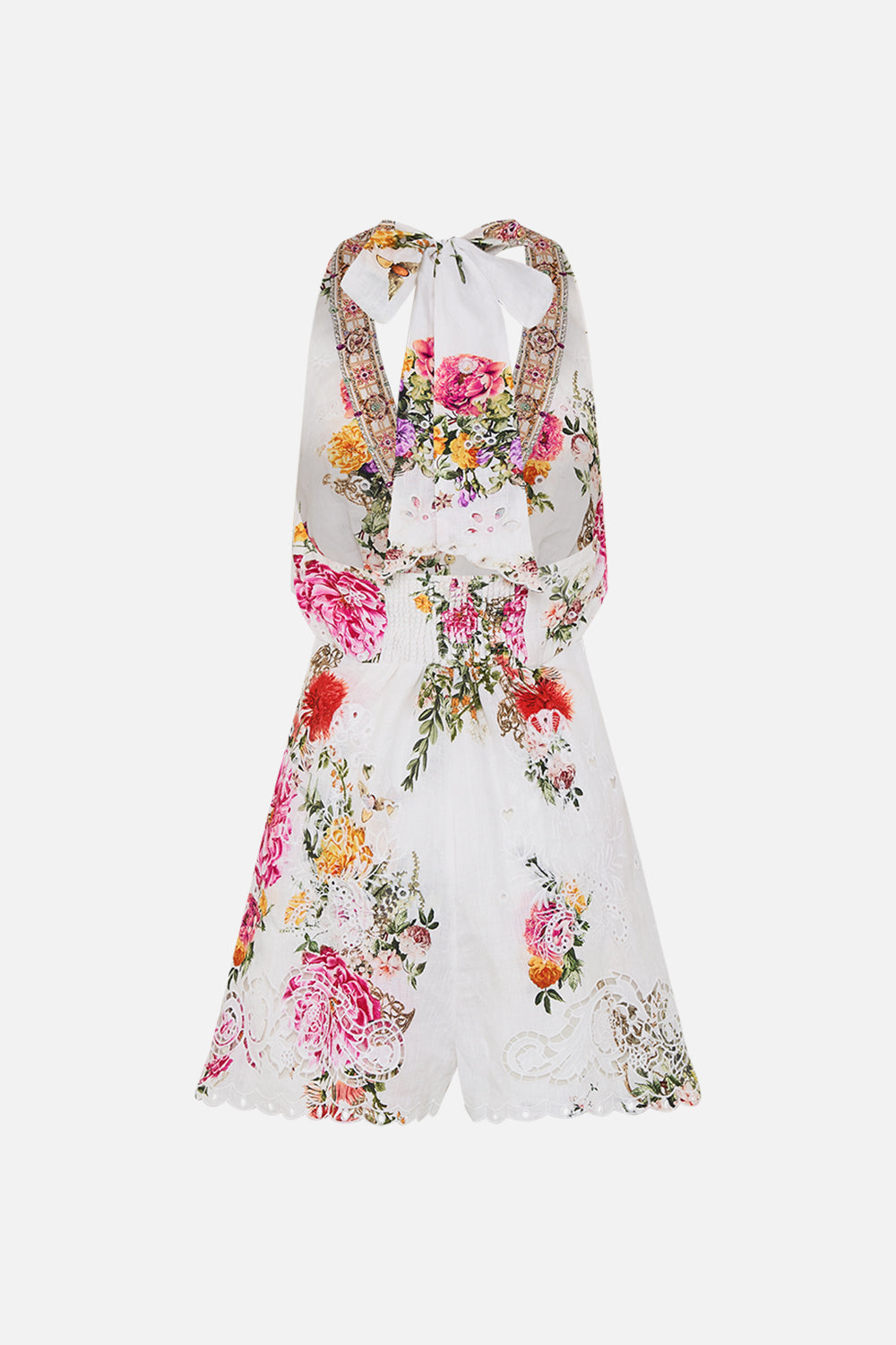 CAMILLA Button front halter playsuit in Egyptian rose print.