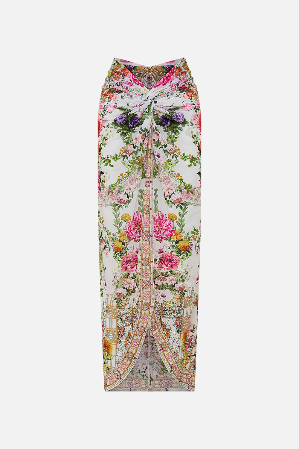 CAMILLA Twist front long skirt in Egyptian rose print.