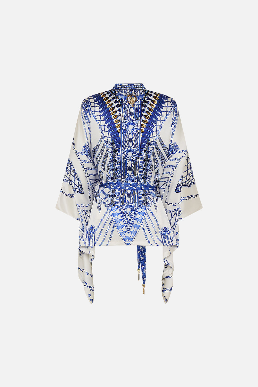 CAMILLA Button Through Scarf Blouse in Dancing with Daylight Print.