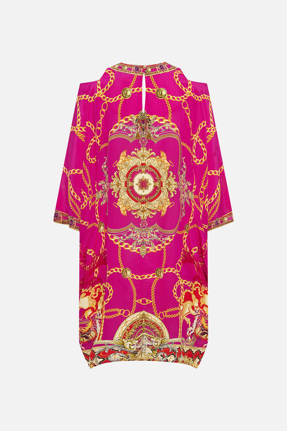 Back product view of CAMILLA pink silk kaftan in Wild And Running print