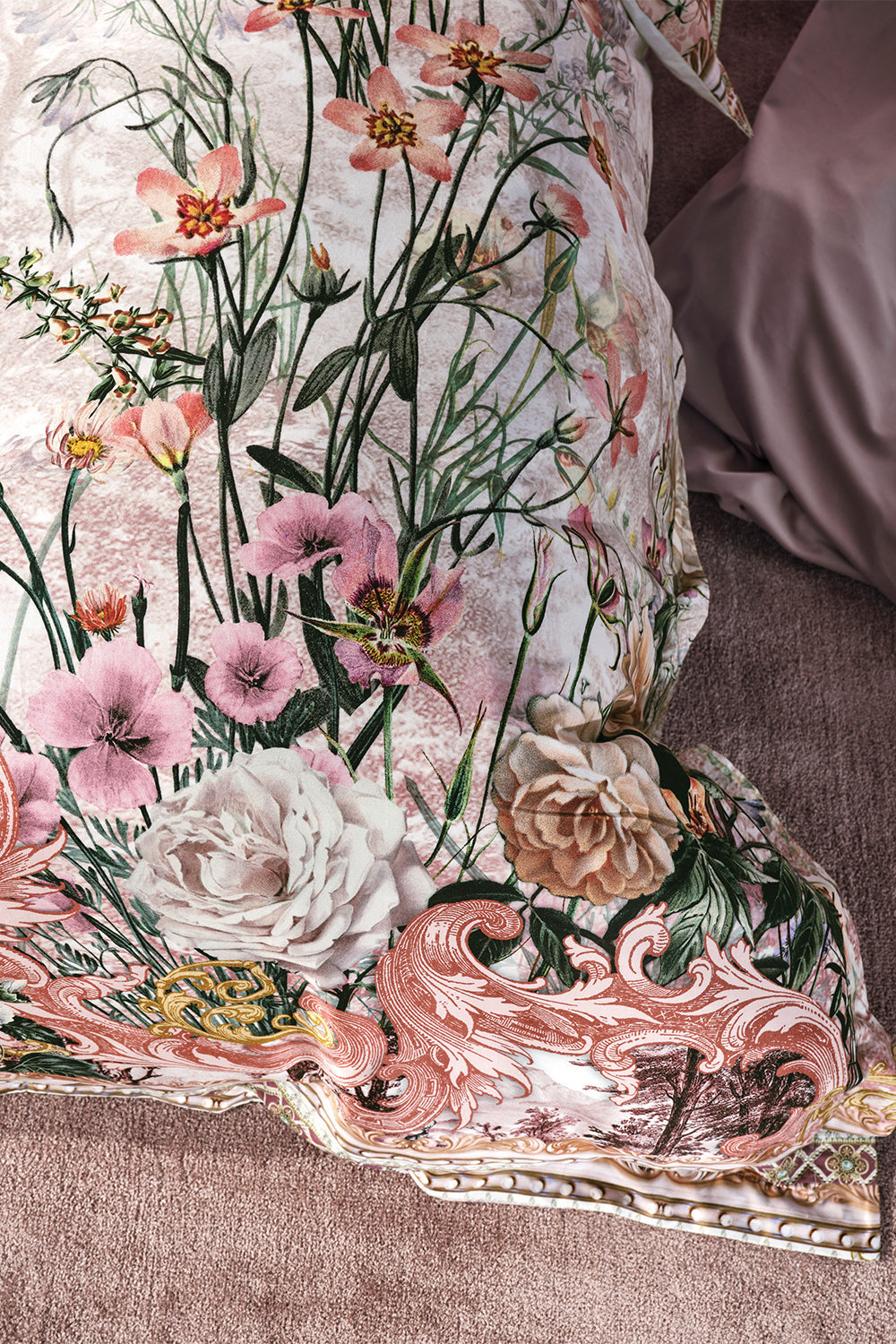Hem detail view of CAMILLA floral quilt cover set in Kissed By The Prince print