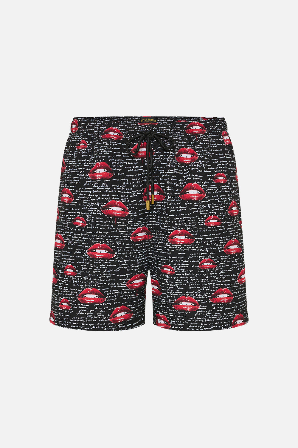 Product view of Hotel Franks by CAMILLA mens elastic waist boardshorts in black Chaos Magic Print